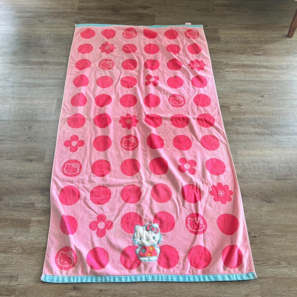 Hello Kitty Beach Towel 2013 Sanrio Pink Polka Dot Cotton 32 x 59.5
